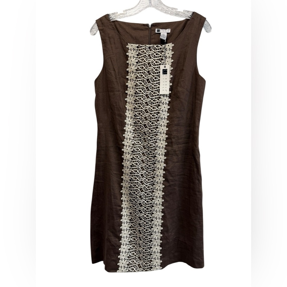 Carol Little VTG brown linen sleeveless dress with gorgeous lace on the front